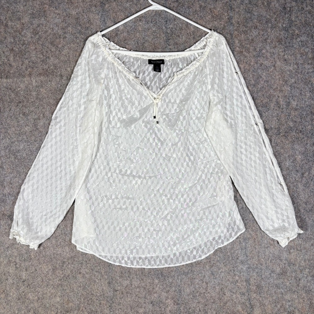 White House Black Market Blouse L White Geometric Cold Shoulder Peasant Sheer